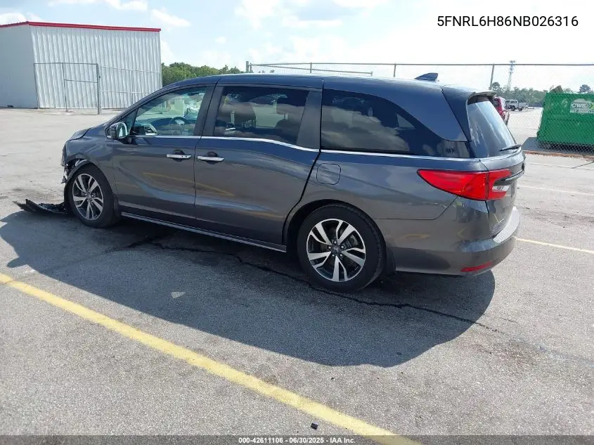 2022 Honda Odyssey Touring VIN: 5FNRL6H86NB026316 Lot: 42611106