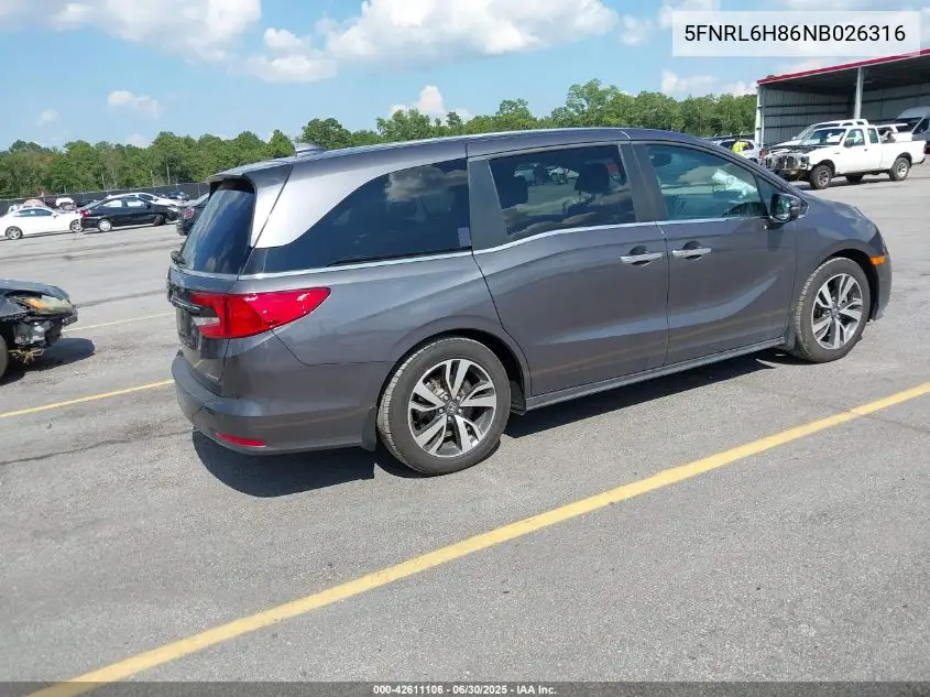 2022 Honda Odyssey Touring VIN: 5FNRL6H86NB026316 Lot: 42611106