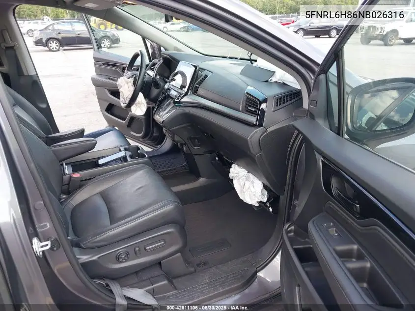 2022 Honda Odyssey Touring VIN: 5FNRL6H86NB026316 Lot: 42611106