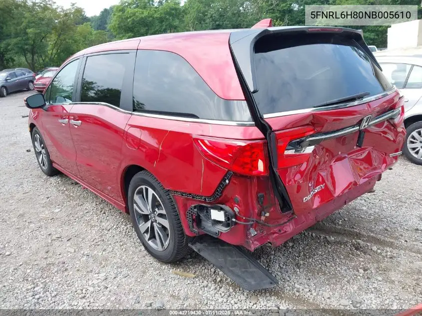 2022 Honda Odyssey Touring VIN: 5FNRL6H80NB005610 Lot: 42719430