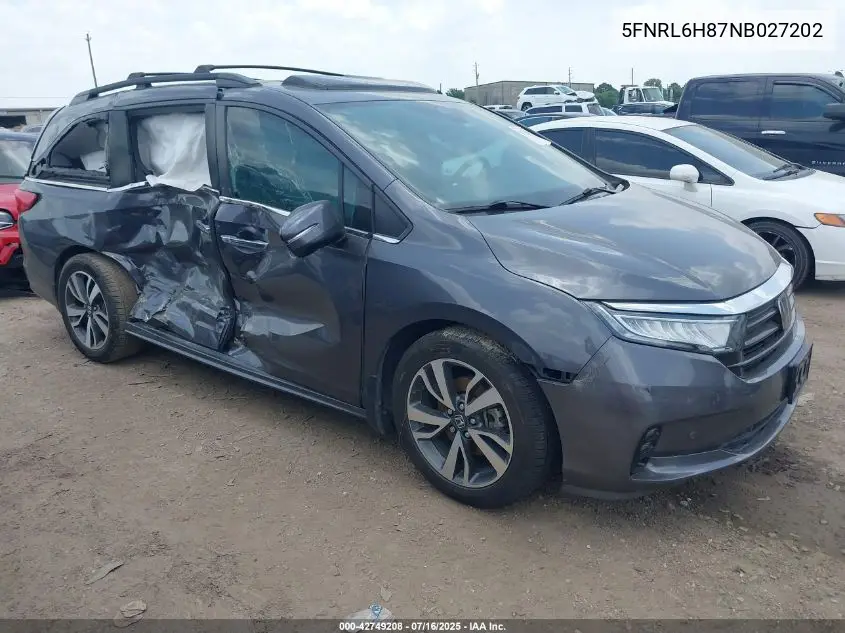 2022 Honda Odyssey Touring VIN: 5FNRL6H87NB027202 Lot: 42749208