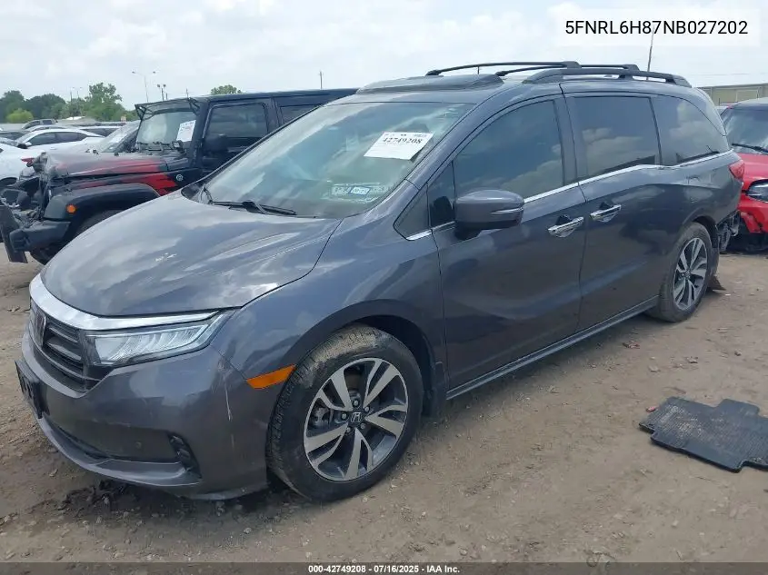2022 Honda Odyssey Touring VIN: 5FNRL6H87NB027202 Lot: 42749208