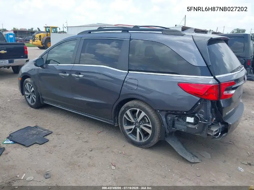 2022 Honda Odyssey Touring VIN: 5FNRL6H87NB027202 Lot: 42749208
