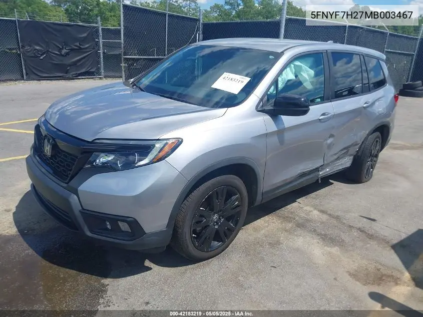 2021 Honda Passport 2Wd Sport VIN: 5FNYF7H27MB003467 Lot: 42183219