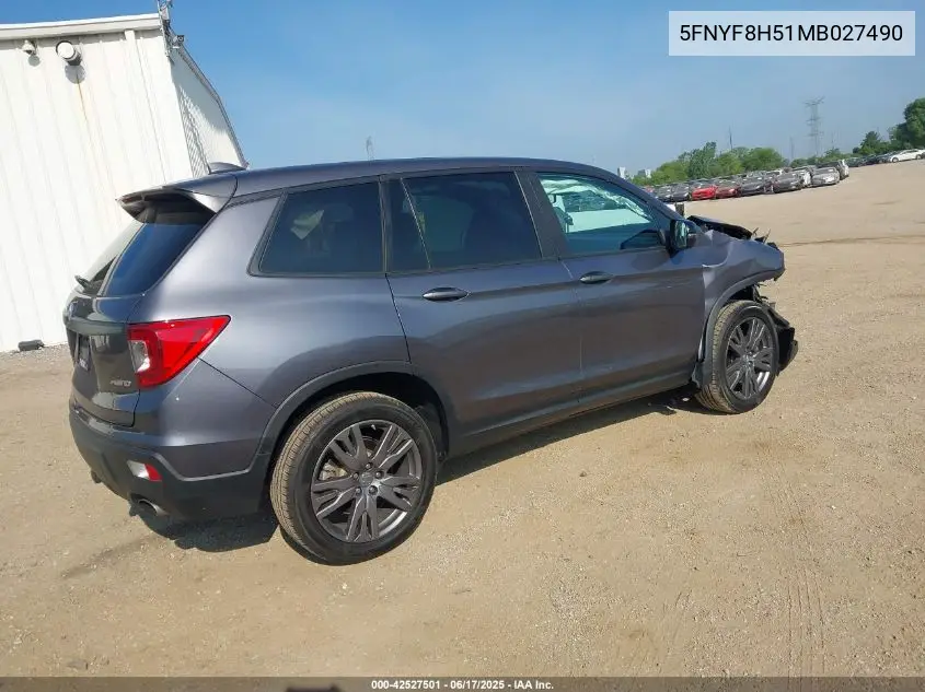 2021 Honda Passport Awd Ex-L VIN: 5FNYF8H51MB027490 Lot: 42527501