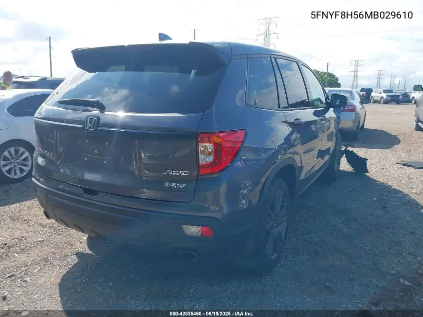 2021 Honda Passport Exl VIN: 5FNYF8H56MB029610 Lot: 42535468