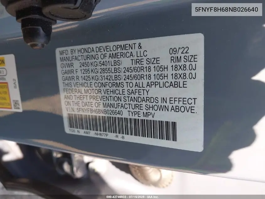 2022 Honda Passport Awd Trailsport VIN: 5FNYF8H68NB026640 Lot: 42746933