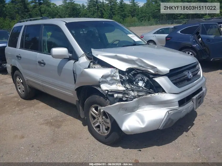 2003 Honda Pilot Ex-L VIN: 2HKYF18603H511022 Lot: 42564191