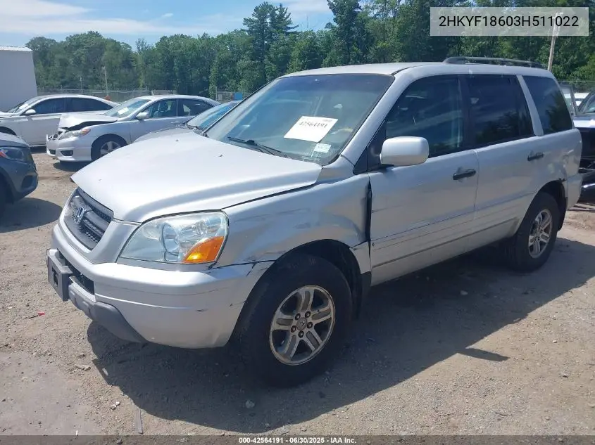 2003 Honda Pilot Ex-L VIN: 2HKYF18603H511022 Lot: 42564191