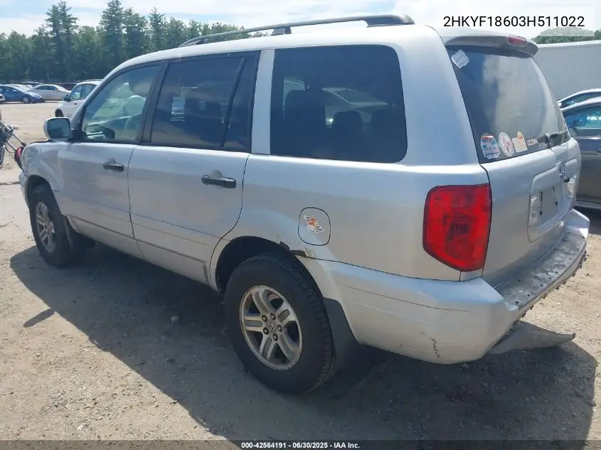 2003 Honda Pilot Ex-L VIN: 2HKYF18603H511022 Lot: 42564191
