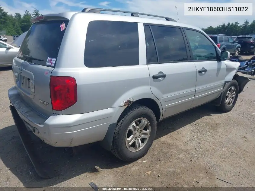 2003 Honda Pilot Ex-L VIN: 2HKYF18603H511022 Lot: 42564191