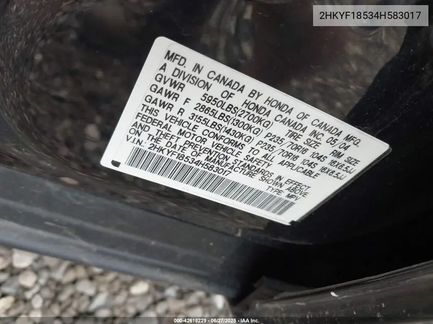 2004 Honda Pilot Ex-L VIN: 2HKYF18534H583017 Lot: 42618229