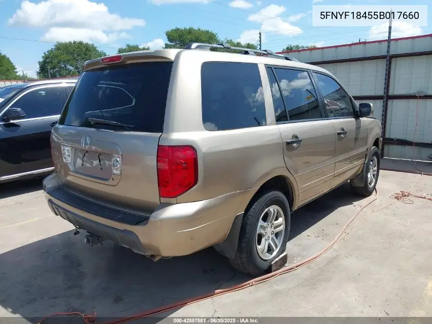2005 Honda Pilot Ex VIN: 5FNYF18455B017660 Lot: 42587581
