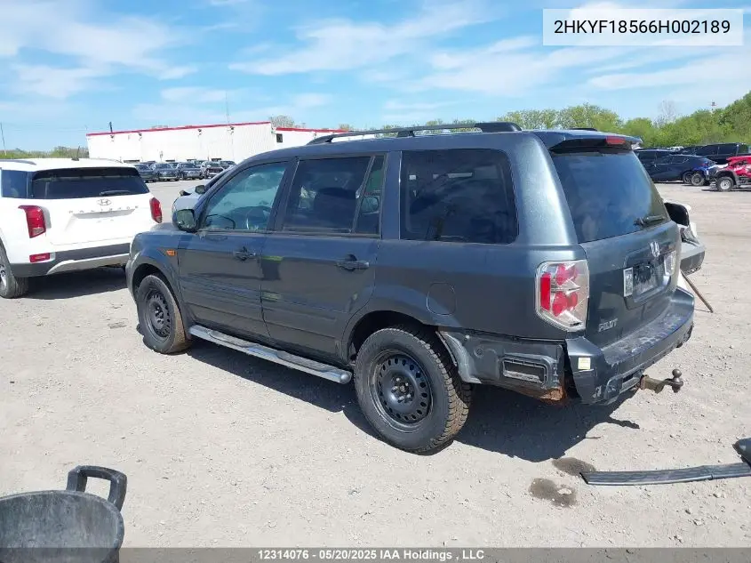 2006 Honda Pilot Ex-L VIN: 2HKYF18566H002189 Lot: 12314076