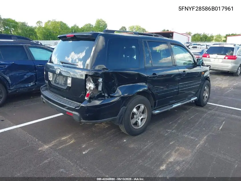 2006 Honda Pilot Ex-L VIN: 5FNYF28586B017961 Lot: 42248590