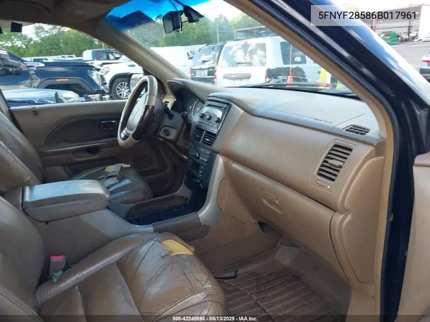 2006 Honda Pilot Ex-L VIN: 5FNYF28586B017961 Lot: 42248590