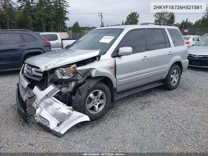 2006 Honda Pilot Ex-L VIN: 2HKYF18726H521581 Lot: 42256246