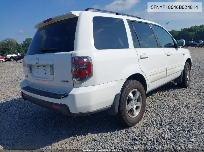 2006 Honda Pilot Ex-L VIN: 5FNYF18646B024814 Lot: 42621395