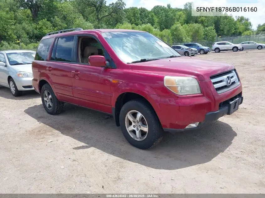 2006 Honda Pilot Ex-L VIN: 5FNYF18786B016160 Lot: 42635342