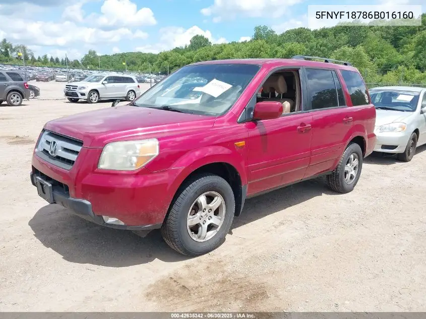 2006 Honda Pilot Ex-L VIN: 5FNYF18786B016160 Lot: 42635342