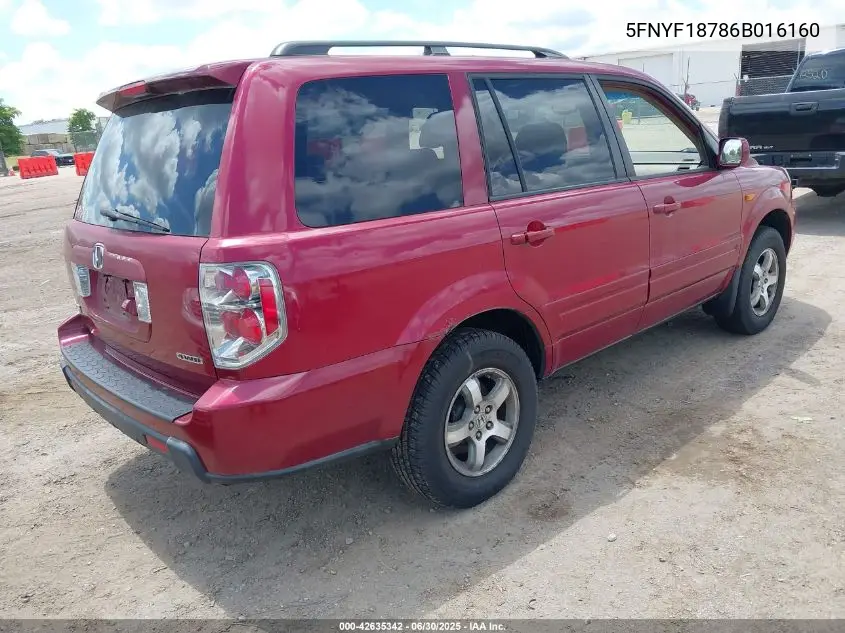 2006 Honda Pilot Ex-L VIN: 5FNYF18786B016160 Lot: 42635342