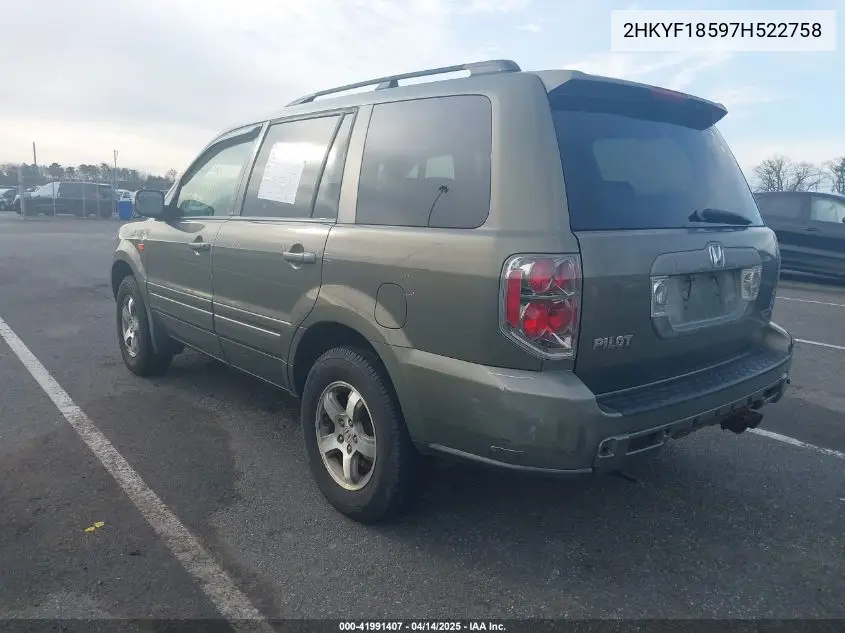 2007 Honda Pilot Ex-L VIN: 2HKYF18597H522758 Lot: 41991407