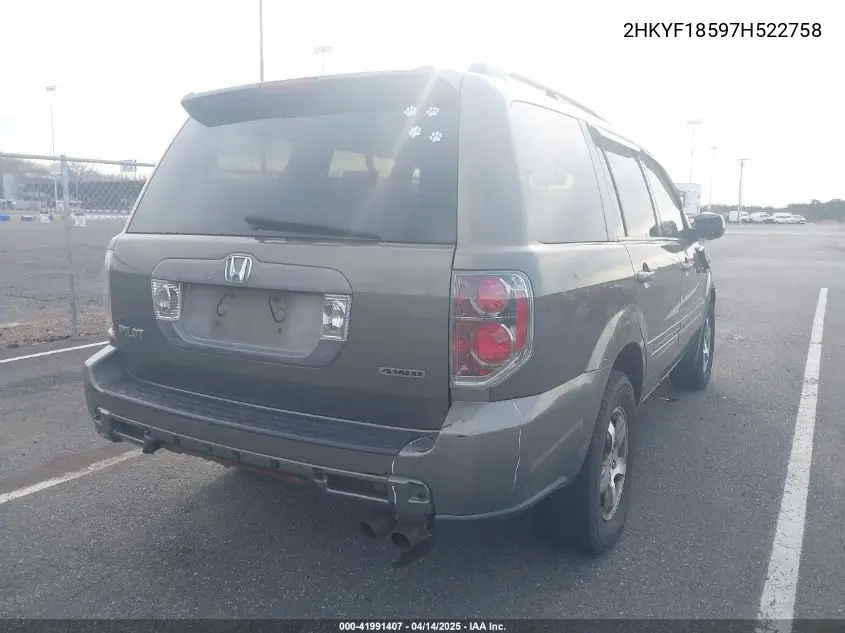 2007 Honda Pilot Ex-L VIN: 2HKYF18597H522758 Lot: 41991407