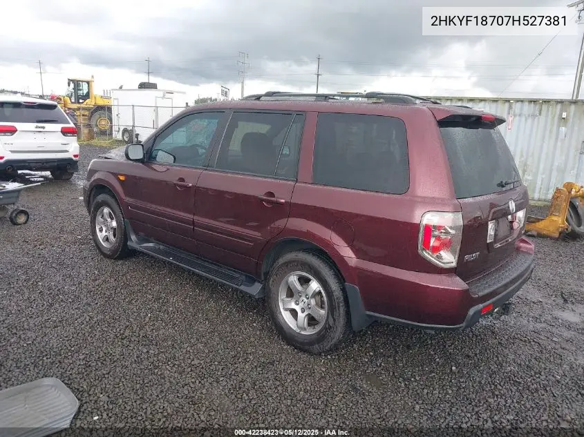 2007 Honda Pilot Ex-L VIN: 2HKYF18707H527381 Lot: 42238423