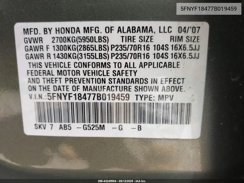2007 Honda Pilot Ex VIN: 5FNYF18477B019459 Lot: 42249904
