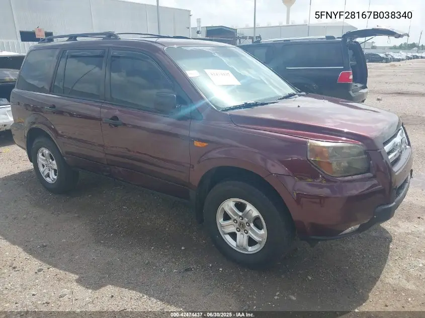 2007 Honda Pilot Lx VIN: 5FNYF28167B038340 Lot: 42474437