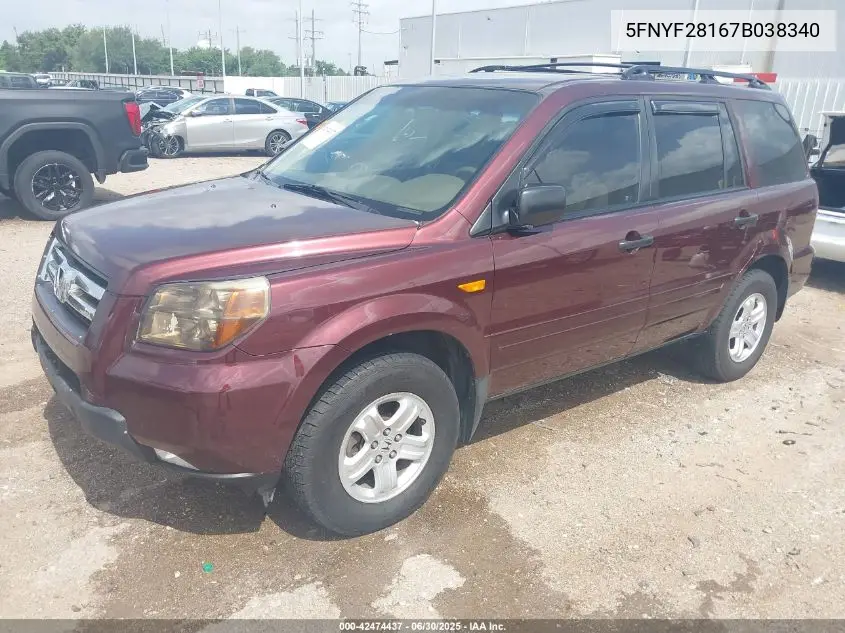 2007 Honda Pilot Lx VIN: 5FNYF28167B038340 Lot: 42474437