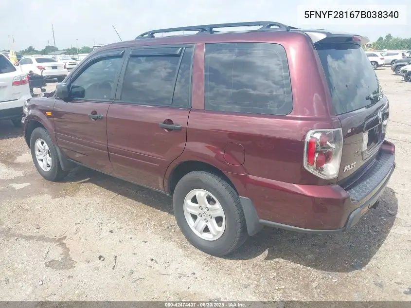 2007 Honda Pilot Lx VIN: 5FNYF28167B038340 Lot: 42474437