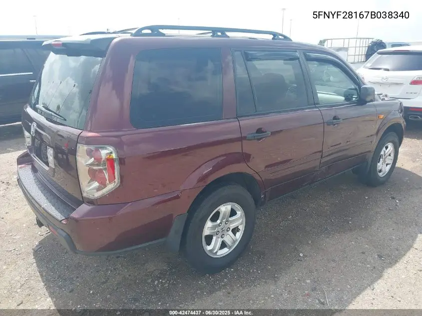 2007 Honda Pilot Lx VIN: 5FNYF28167B038340 Lot: 42474437
