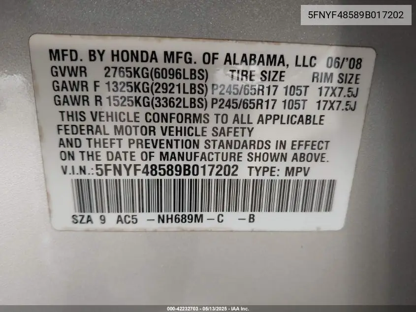 2009 Honda Pilot Ex-L VIN: 5FNYF48589B017202 Lot: 42232703
