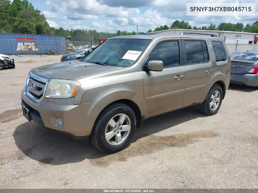 2011 Honda Pilot Ex-L VIN: 5FNYF3H7XBB045715 Lot: 42766419
