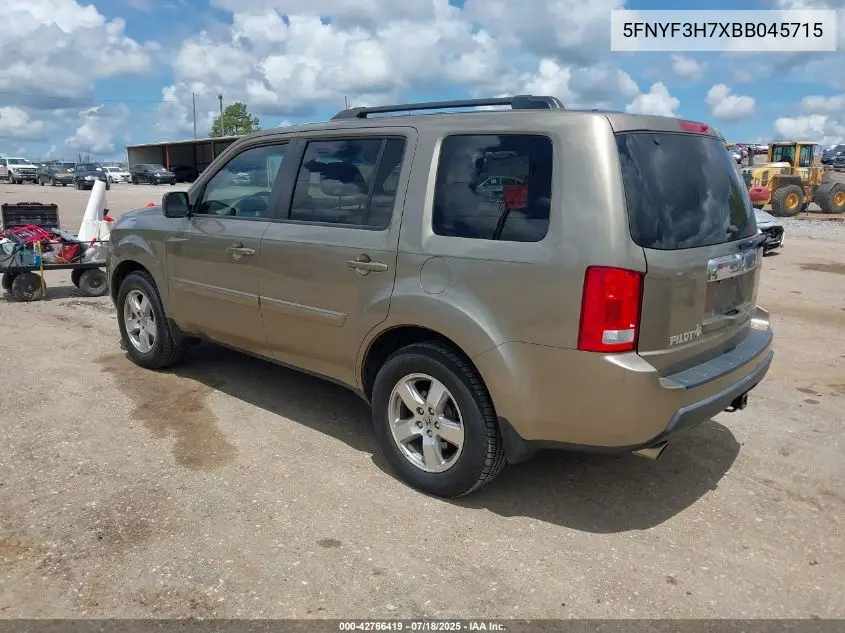 2011 Honda Pilot Ex-L VIN: 5FNYF3H7XBB045715 Lot: 42766419