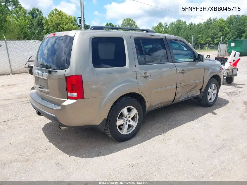 2011 Honda Pilot Ex-L VIN: 5FNYF3H7XBB045715 Lot: 42766419