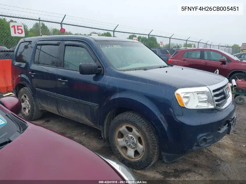 2012 Honda Pilot Lx VIN: 5FNYF4H26CB005451 Lot: 42241515