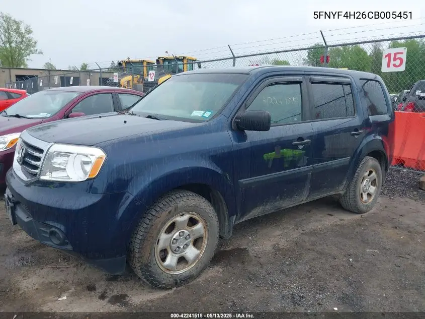 2012 Honda Pilot Lx VIN: 5FNYF4H26CB005451 Lot: 42241515