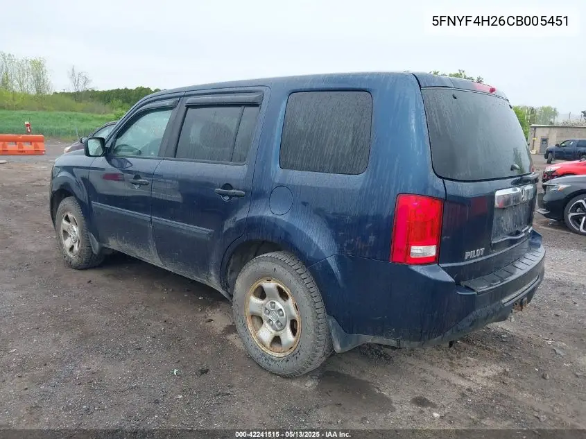 2012 Honda Pilot Lx VIN: 5FNYF4H26CB005451 Lot: 42241515
