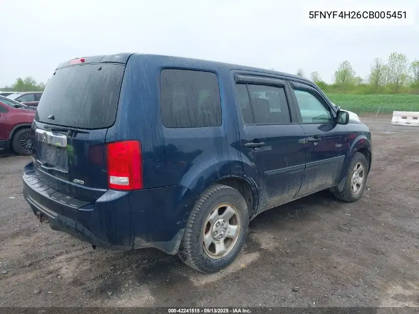2012 Honda Pilot Lx VIN: 5FNYF4H26CB005451 Lot: 42241515