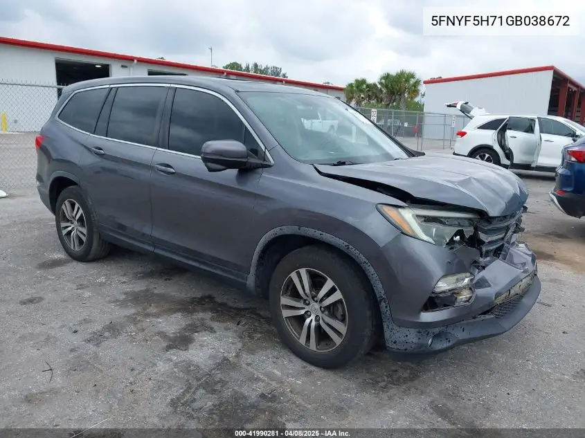 2016 Honda Pilot Ex-L VIN: 5FNYF5H71GB038672 Lot: 41990281