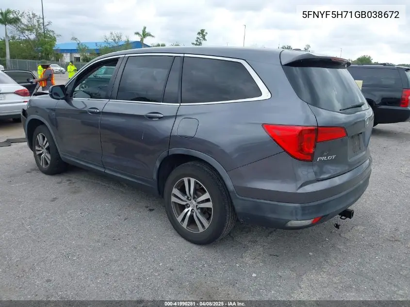 2016 Honda Pilot Ex-L VIN: 5FNYF5H71GB038672 Lot: 41990281