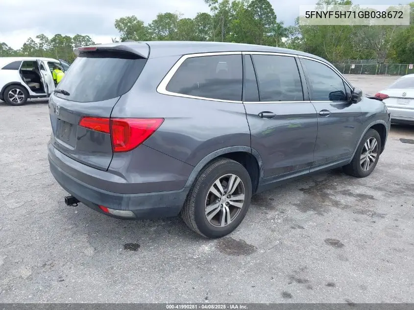 2016 Honda Pilot Ex-L VIN: 5FNYF5H71GB038672 Lot: 41990281