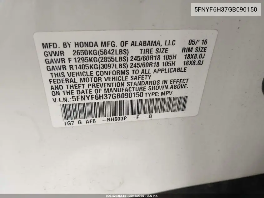 2016 Honda Pilot Ex VIN: 5FNYF6H37GB090150 Lot: 42236444