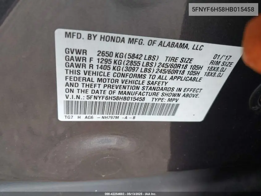 2017 Honda Pilot Ex-L VIN: 5FNYF6H58HB015458 Lot: 42254683