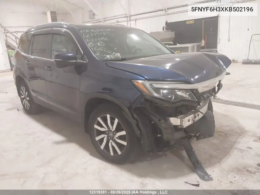 2019 Honda Pilot Ex VIN: 5FNYF6H3XKB502196 Lot: 12319381