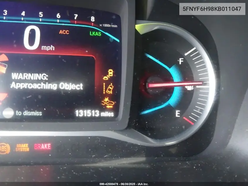 2019 Honda Pilot Touring VIN: 5FNYF6H98KB011047 Lot: 42588478