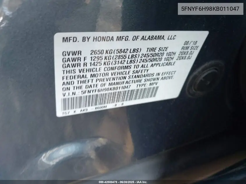 2019 Honda Pilot Touring VIN: 5FNYF6H98KB011047 Lot: 42588478