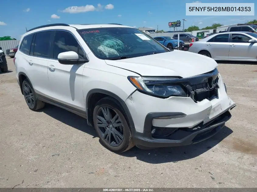 2021 Honda Pilot 2Wd Special Edition VIN: 5FNYF5H28MB014353 Lot: 42601581